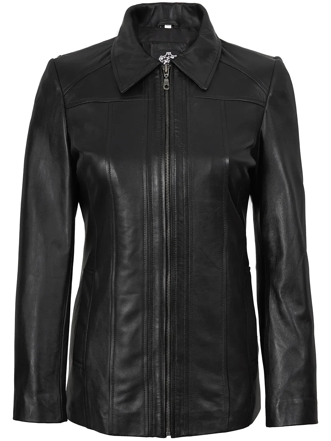 Marsha Women's Shirt-Collar Black Leather Car Coat
