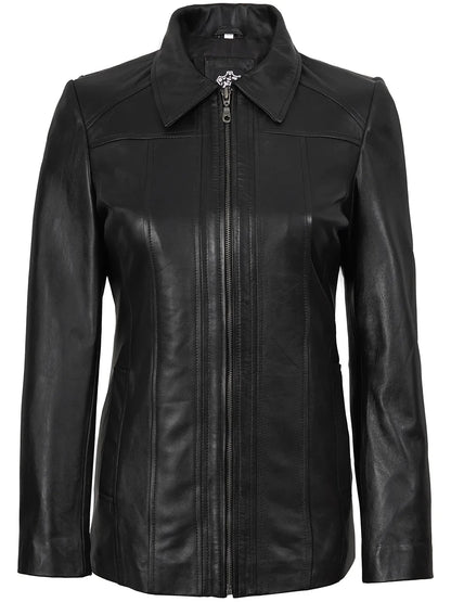 Marsha Women's Shirt-Collar Black Leather Car Coat
