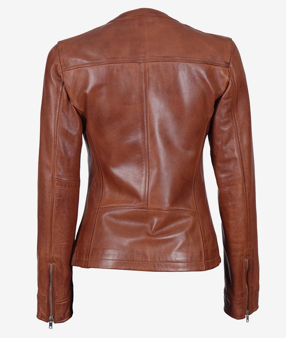 Womens Brown Textured Leather Biker Jacket Max Jackets