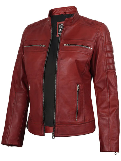 Austin Womens Red Cafe Racer Style Leather Jacket