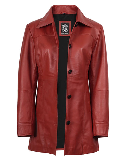 Kandis Women Red Real Leather Car Coat