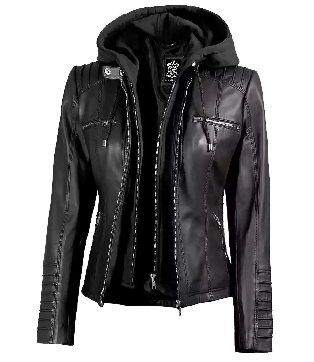 Women's Black Real Leather Jacket with Removable Hood