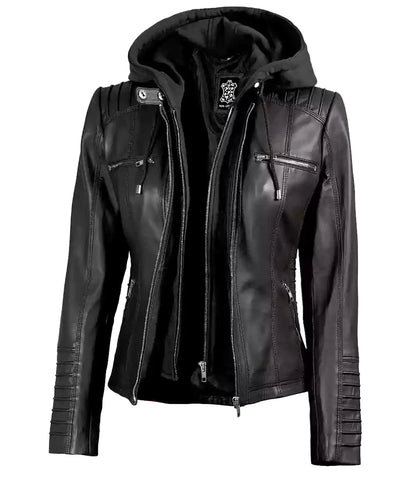 Women's Black Real Leather Jacket with Removable Hood