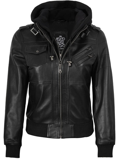 Real Leather Women's Bomber Black Jacket with Removable Hood