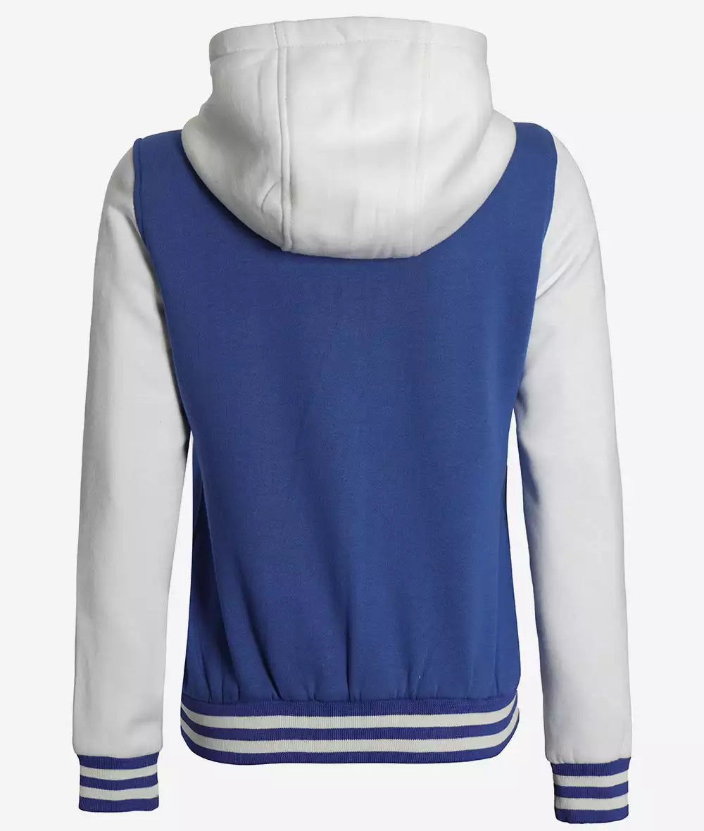 Women's Royal Blue and White Hooded Baseball Letterman Jacket - Varsity Style Max Jackets