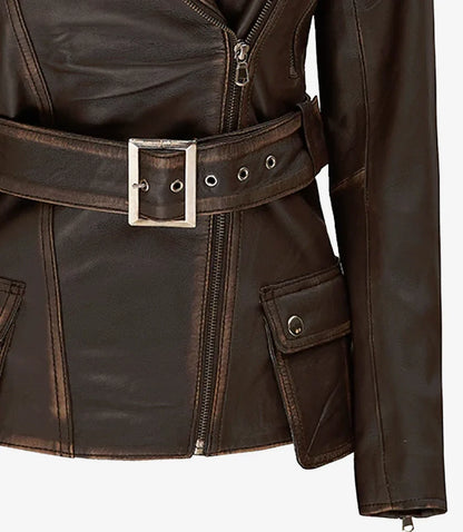 Womens Distressed Brown Long Biker Style Leather Jacket