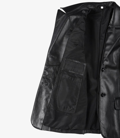 Women's Two Button Black Leather Blazer