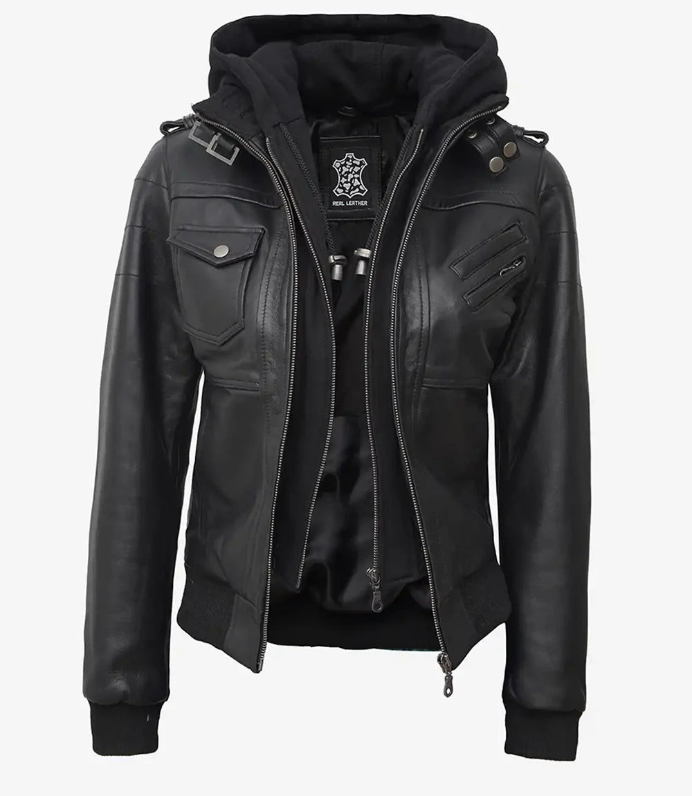 Edinburgh Womens Tall Black Leather Bomber Jacket With Removable Hood