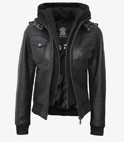 Edinburgh Womens Tall Black Leather Bomber Jacket With Removable Hood