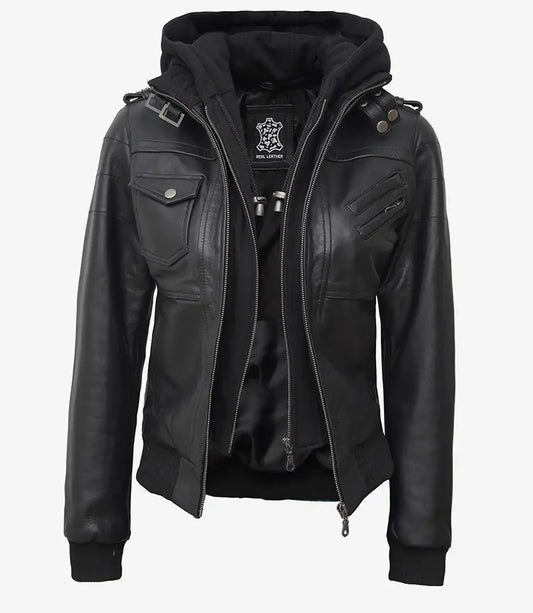 Edinburgh Womens Tall Black Leather Bomber Jacket With Removable Hood