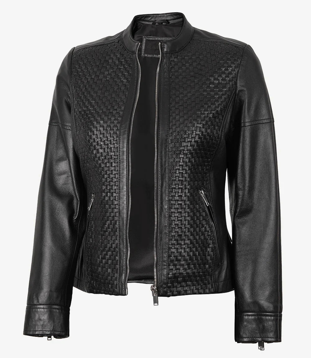 Maude Black Textured Leather Jacket for Women