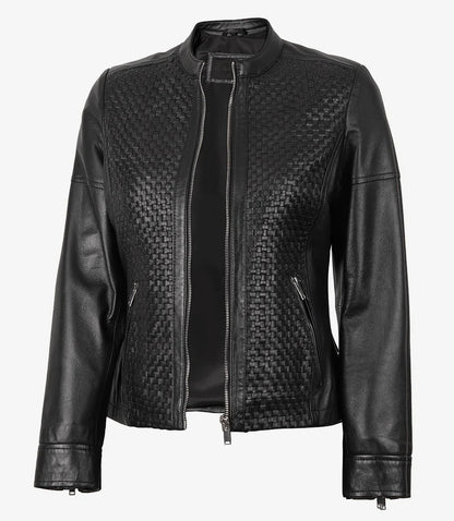 Maude Black Textured Leather Jacket for Women