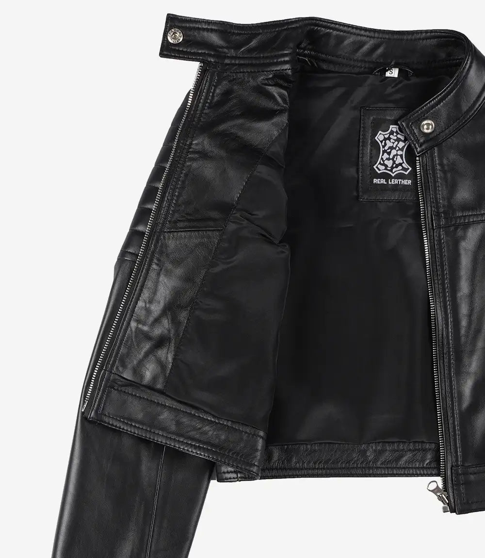 Black Cropped Leather Biker Style Jacket for Women