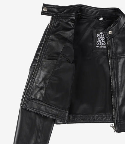 Black Cropped Leather Biker Style Jacket for Women