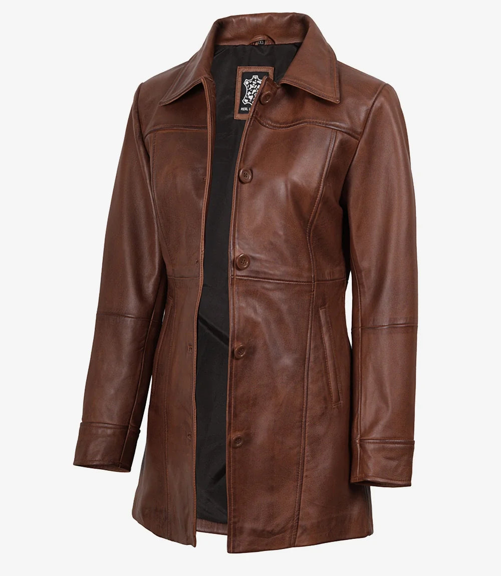 Womens Cognac 3/4 Length Button Down Leather Coat