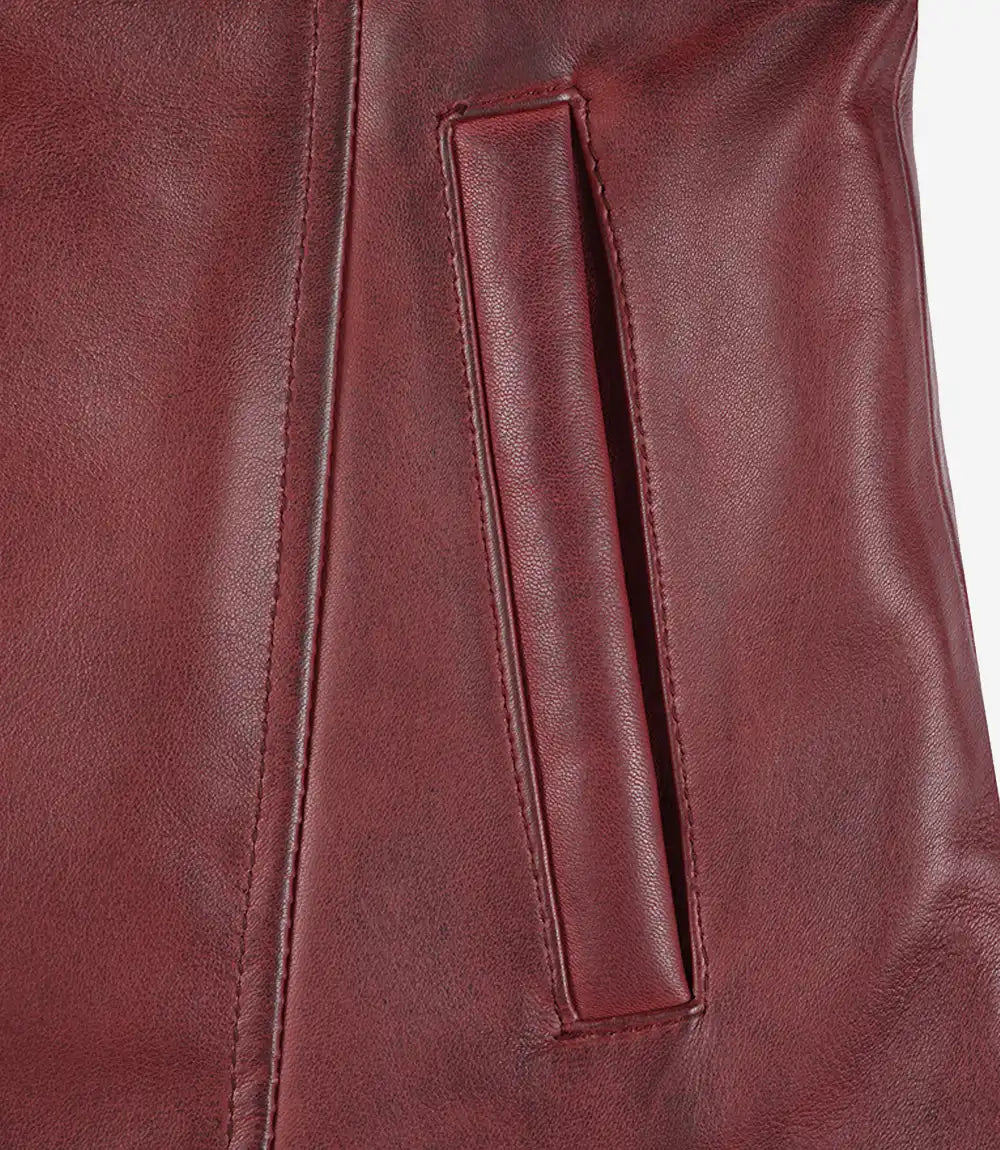 Womens Button Down Maroon Leather Car Coat