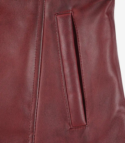 Womens Button Down Maroon Leather Car Coat