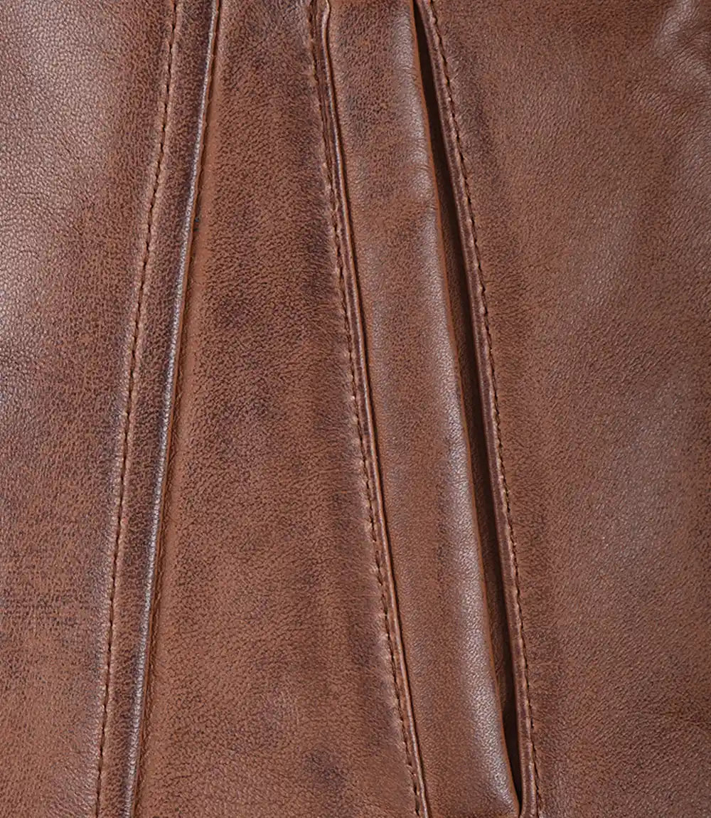 Womens Cognac 3/4 Length Button Down Leather Coat