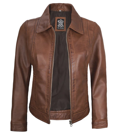 Womens Shirt Collar Cognac Leather Jacket