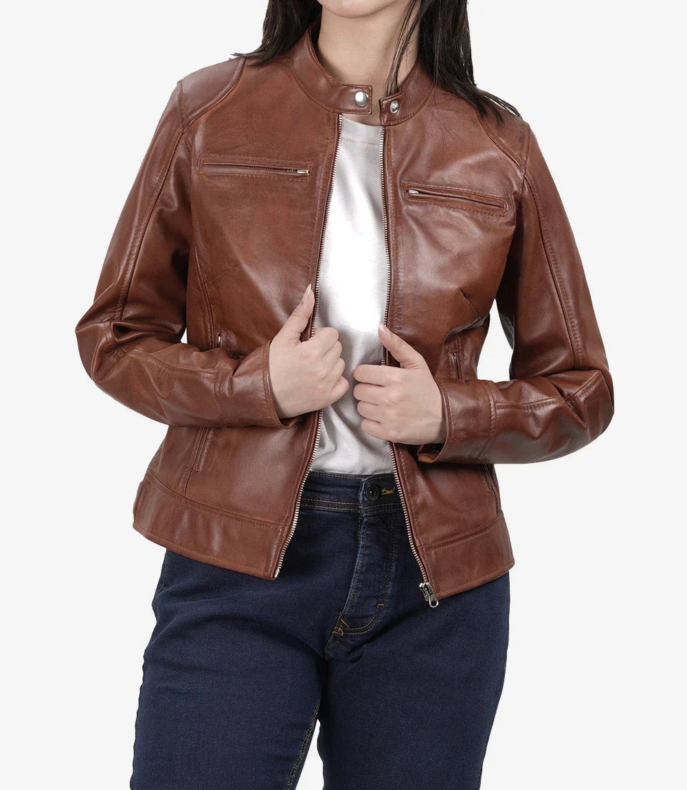 Women's Cognac Waxed Real Leather Biker Style Jacket