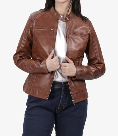 Women's Cognac Waxed Real Leather Biker Style Jacket