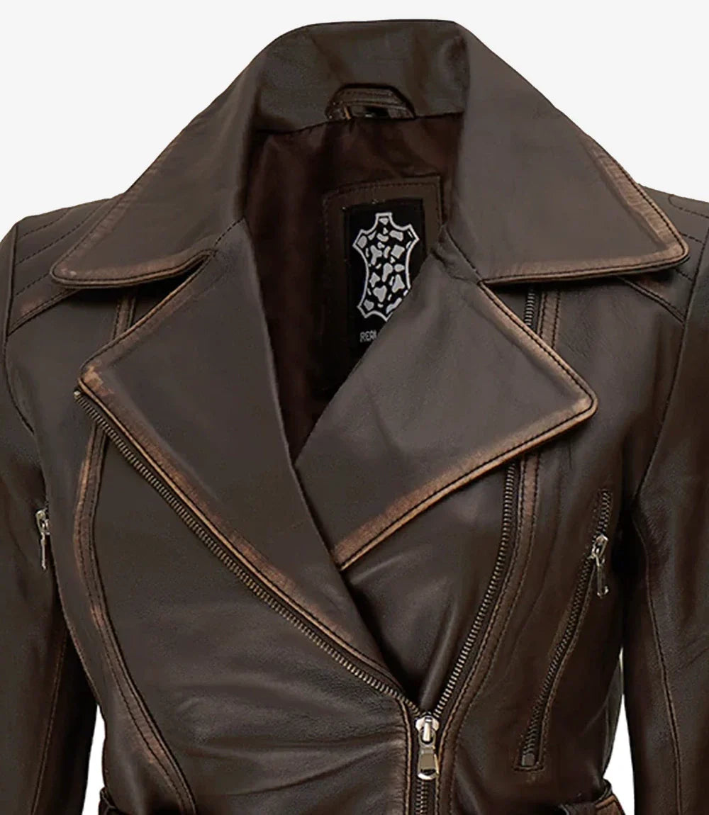 Womens Distressed Brown Long Biker Style Leather Jacket