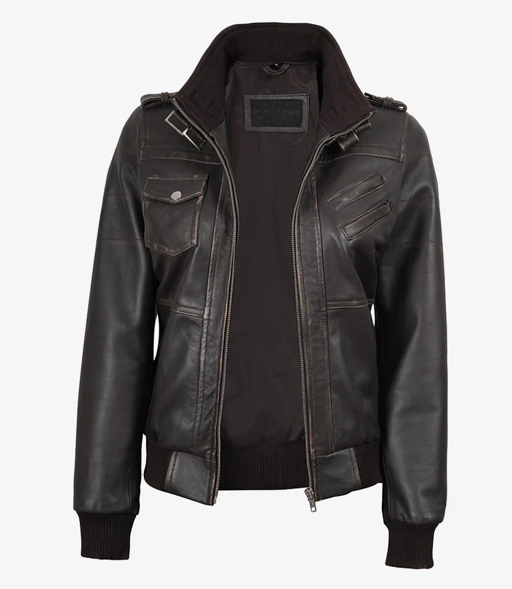 Womens Distressed Brown Hooded Bomber Leather Jacket