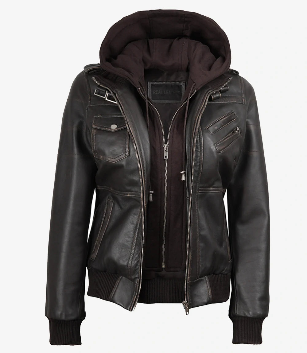 Womens Distressed Brown Hooded Bomber Leather Jacket