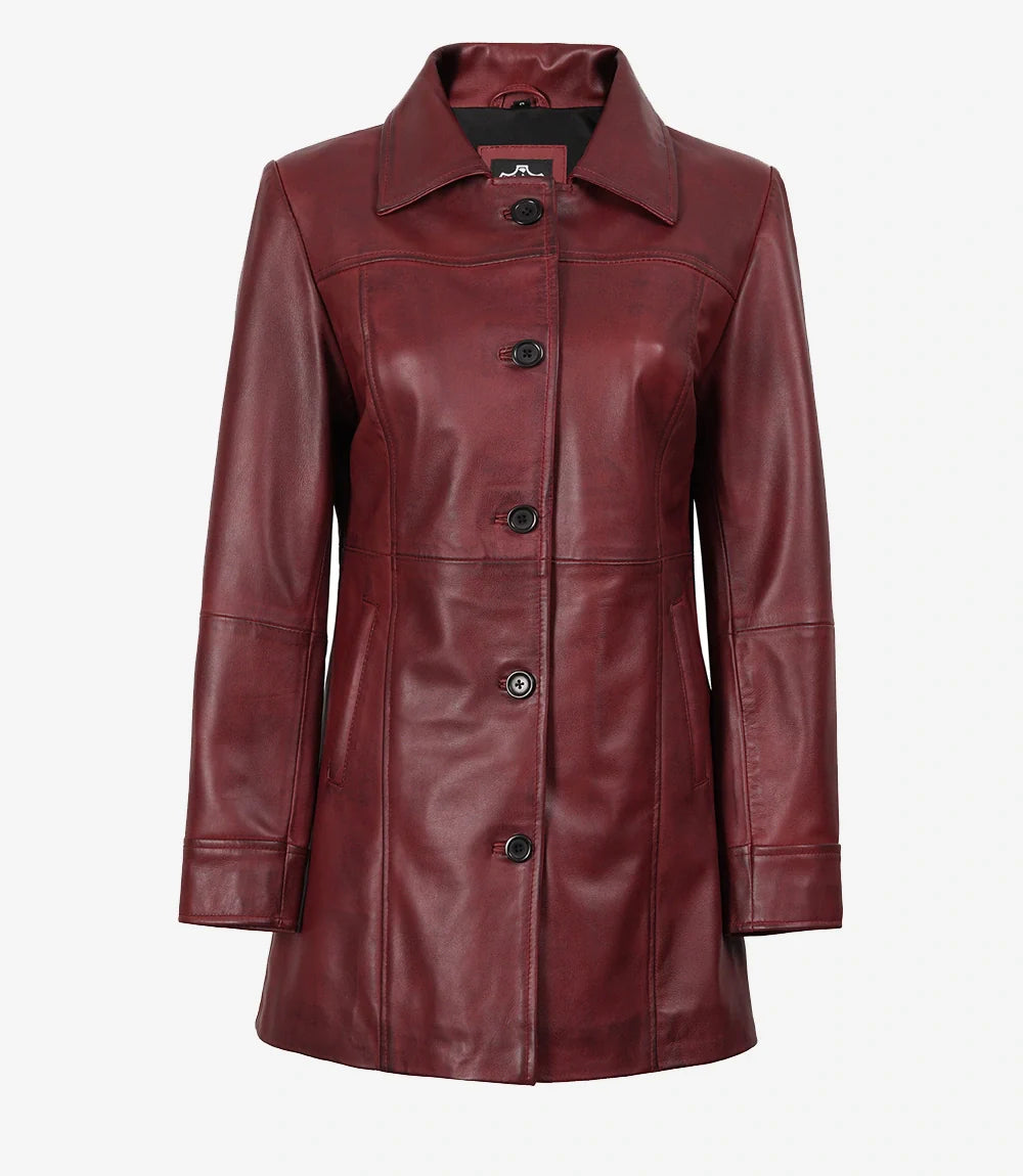 Womens Button Down Maroon Leather Car Coat