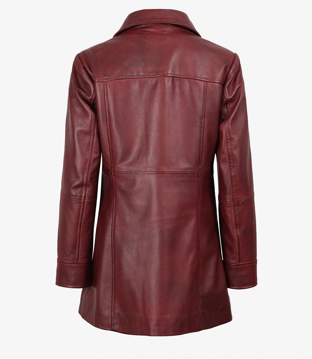 Womens Button Down Maroon Leather Car Coat