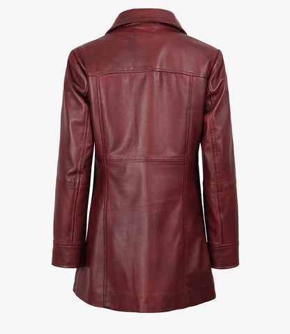 Womens Button Down Maroon Leather Car Coat