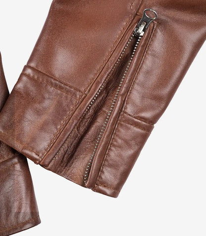 Women's Cognac Waxed Real Leather Biker Style Jacket