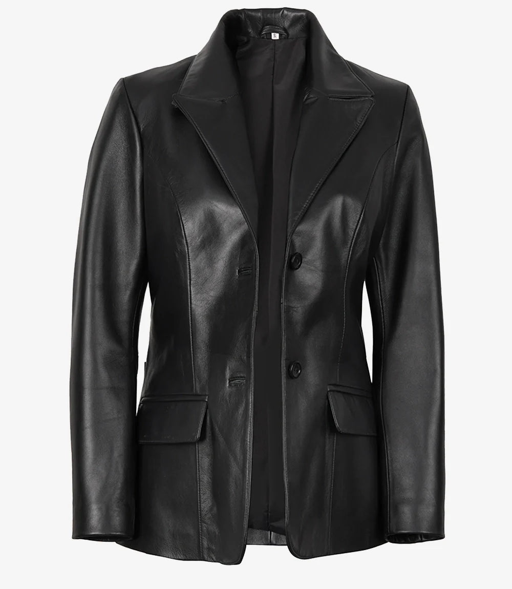 Women's Two Button Black Leather Blazer