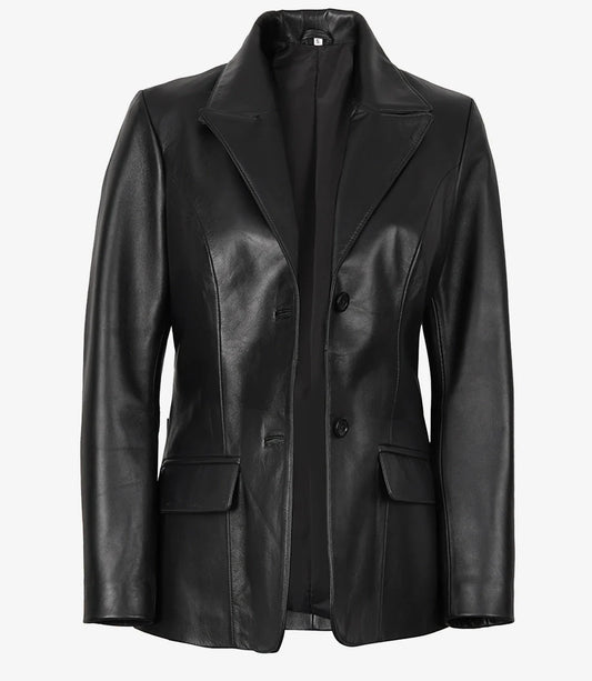 Women's Two Button Black Leather Blazer