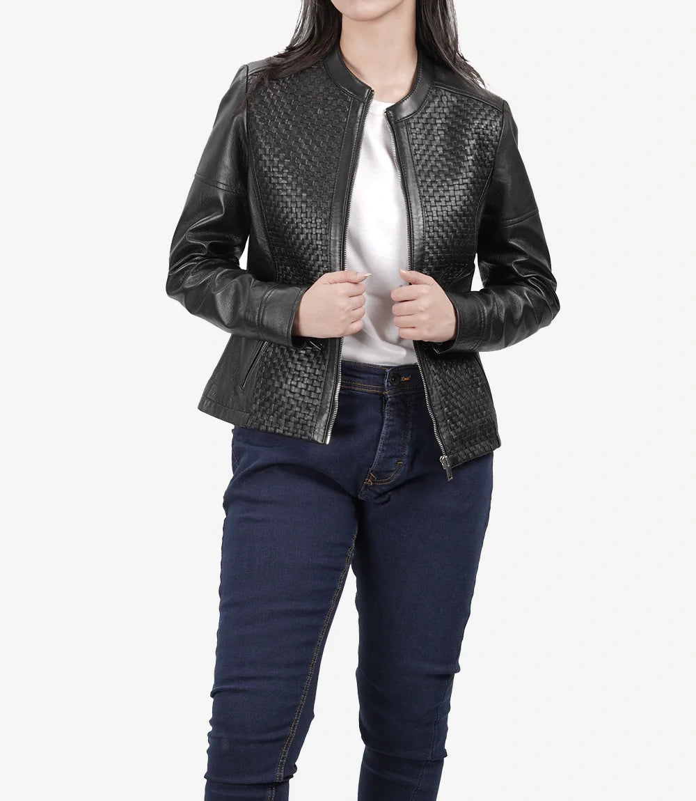 Maude Black Textured Leather Jacket for Women