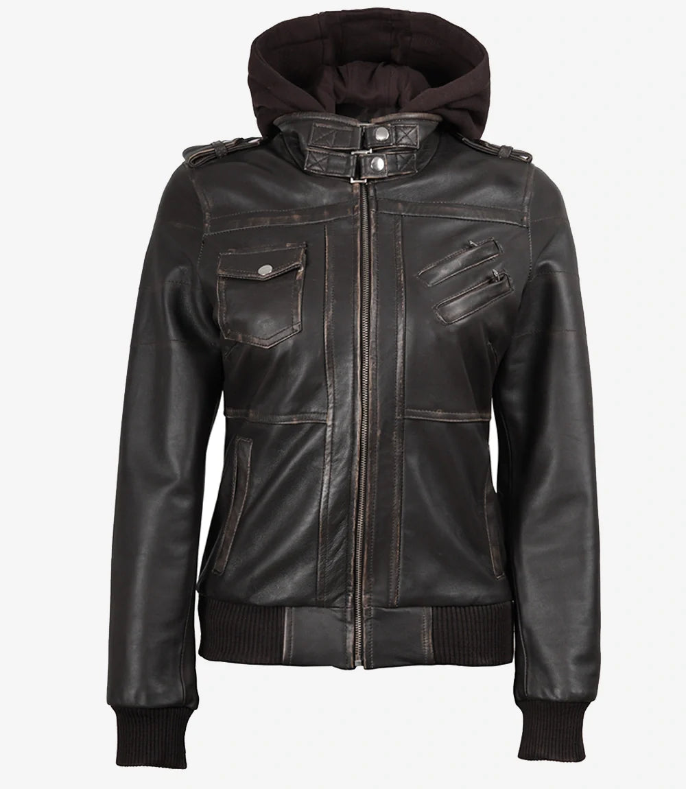 Womens Distressed Brown Hooded Bomber Leather Jacket