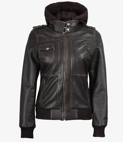 Womens Distressed Brown Hooded Bomber Leather Jacket