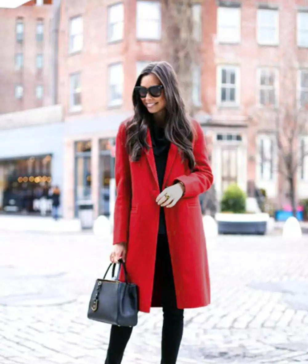 Women's Single-Breasted Red Wool Walker Coat