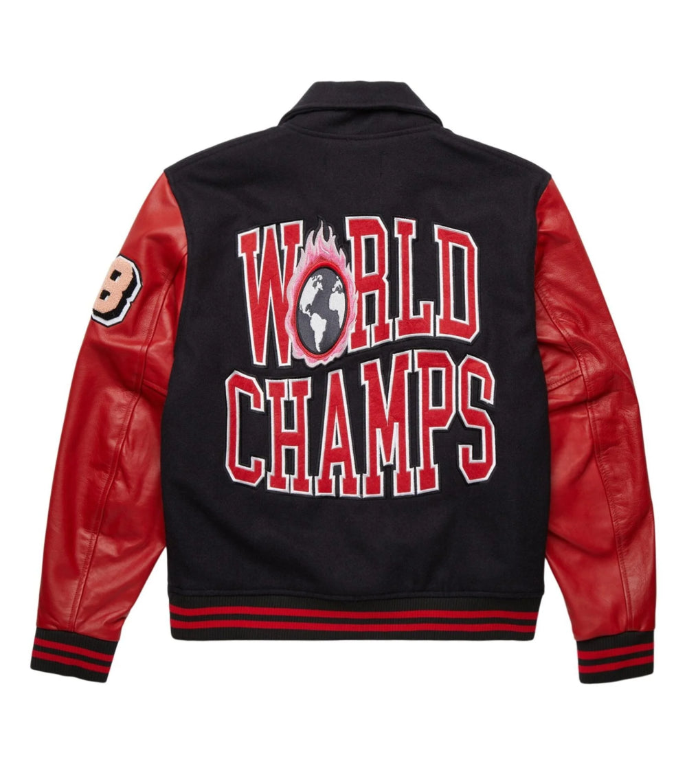 World Champs Homme Femme Letterman Black & Red Varsity Jacket Max Jackets