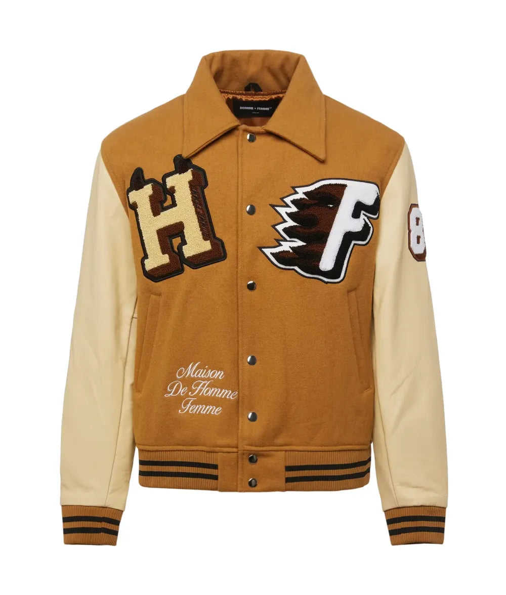 World Champs Homme Femme Letterman Brown & Camel Varsity Jacket Max Jackets