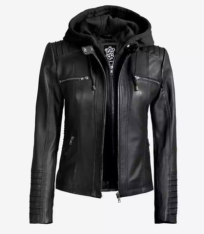 Women's Black Leather Jacket with Removable Hood