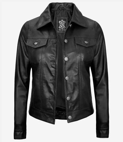 Women's Black Lambskin Leather Four-Pocket Trucker Jacket
