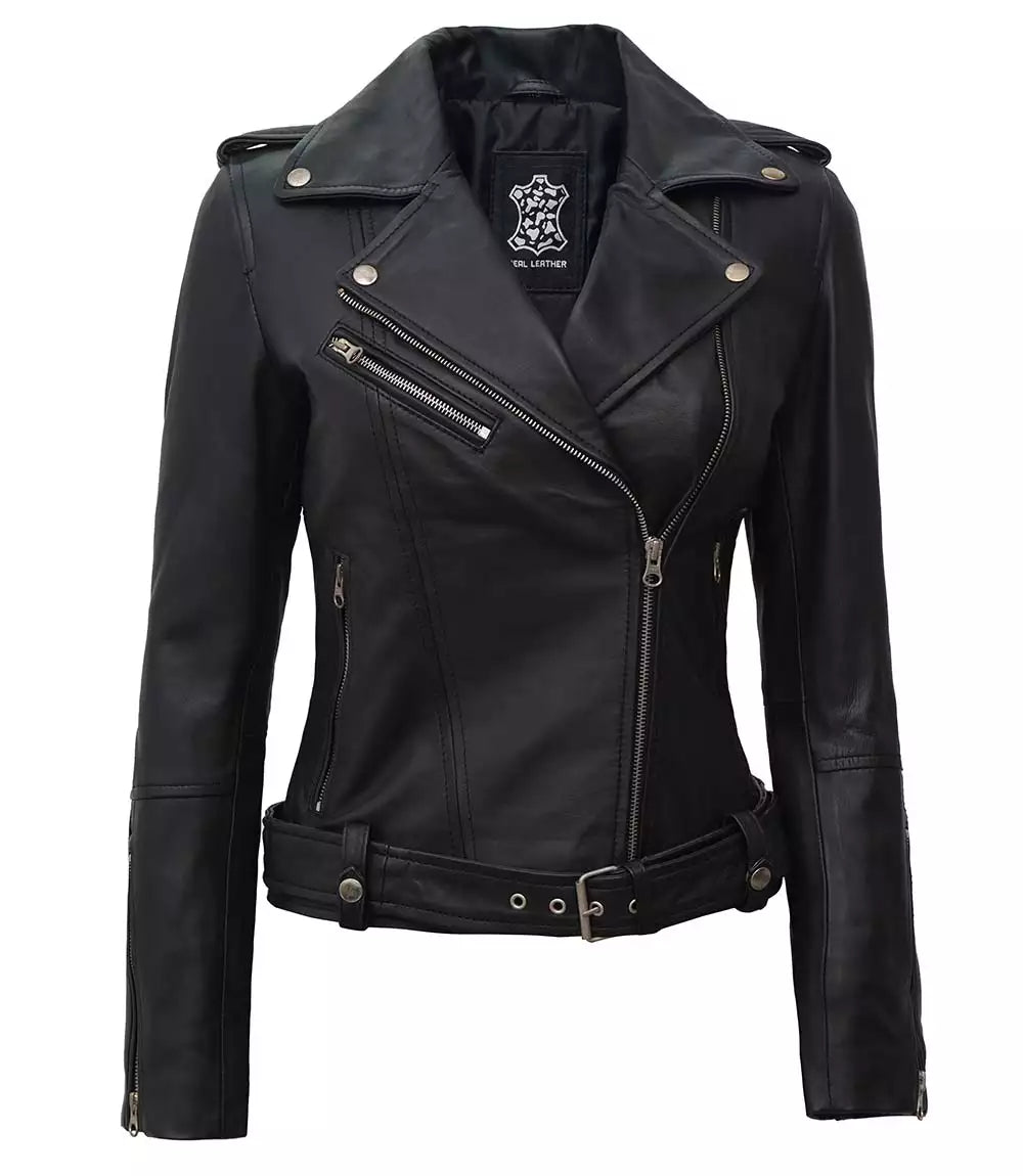 Womens Black Asymmetrical Lambskin Leather Jacket