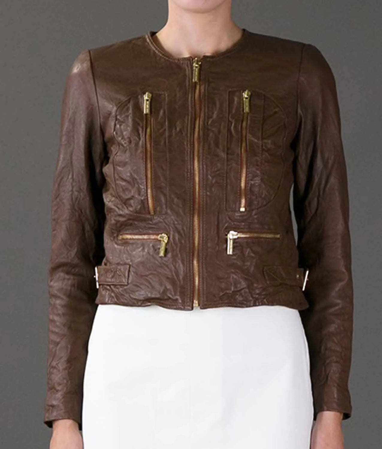 Beauty & The Beast Kristin Kreuk Brown Leather Cropped Jacket Max Jackets