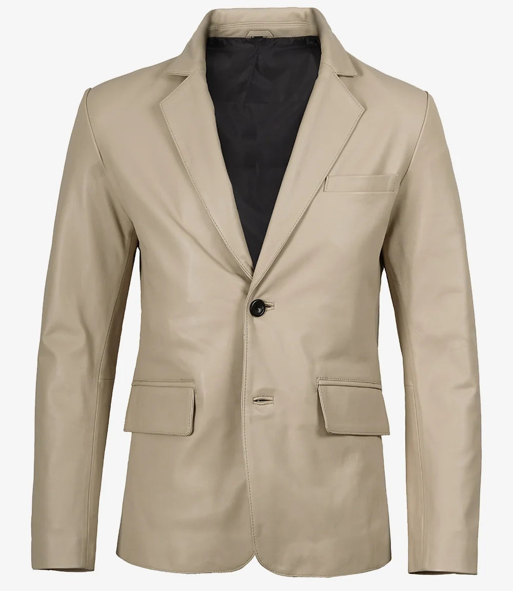 Men's Beige Lambskin Two-Button Leather Blazer
