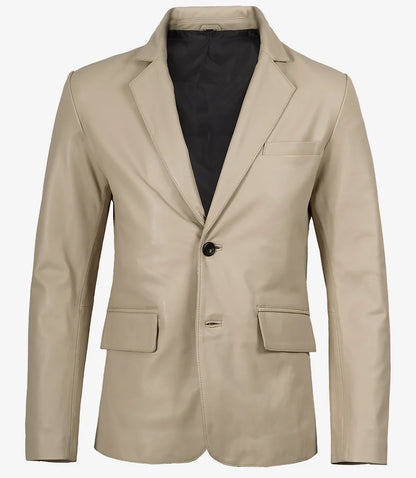 Men's Beige Lambskin Two-Button Leather Blazer