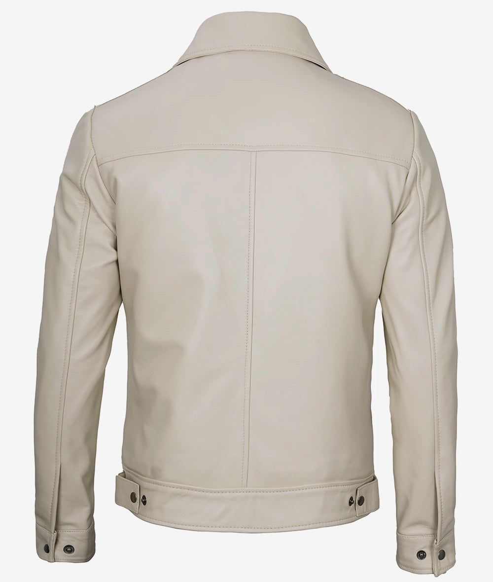 Mens Classic Shirt Collar Beige Leather Jacket Max Jackets