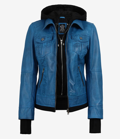 Women's Vivid Blue Lambskin Leather Jacket - Removable Hood