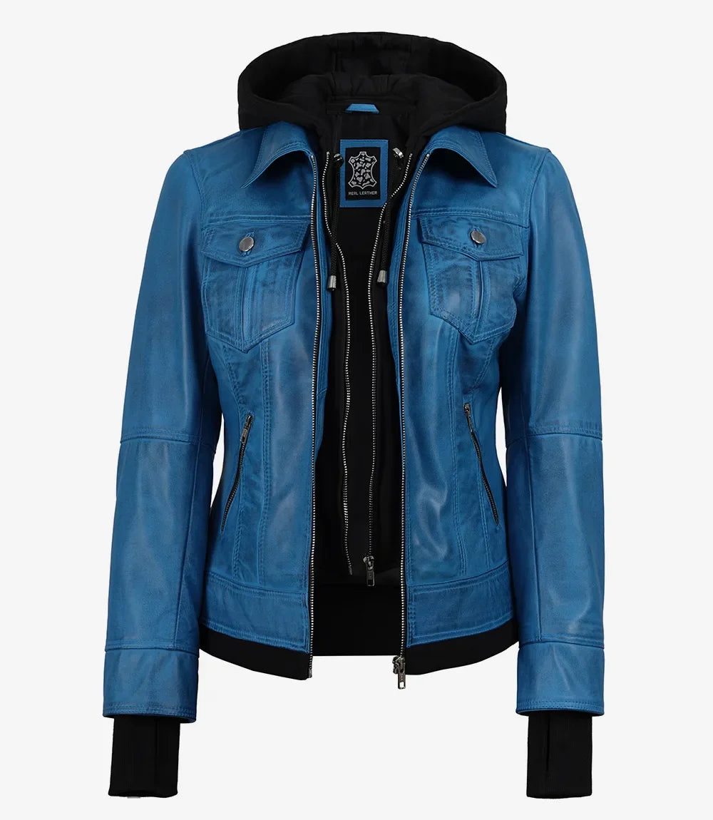 Women's Vivid Blue Lambskin Leather Jacket - Removable Hood