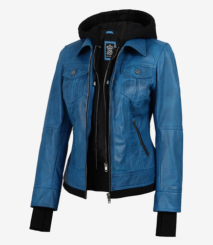 Women's Vivid Blue Lambskin Leather Jacket - Removable Hood